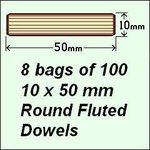 8 Bags of 100, 10 x 50mm Round Fluted Dowels