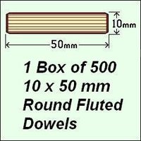 1 Box of 500, 10 x 50mm Round Fluted Dowels