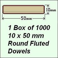 1 Box of 1000, 10 x 50mm Round Fluted Dowels