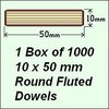 1 Bag of 1000, 10 x 50mm Round Fluted Dowels