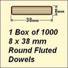 1 Bag of 1000, 8 x 38mm Round Fluted Dowels