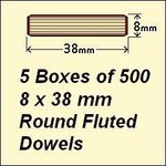 5 Boxes of 500, 8 x 38mm Round Fluted Dowels
