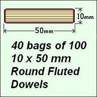 40 bags of 100, 10 x 50mm Round Fluted Dowels
