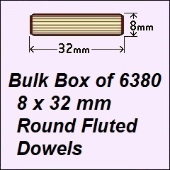 1 Box of 6380, 8 x 32mm Round Fluted Dowels